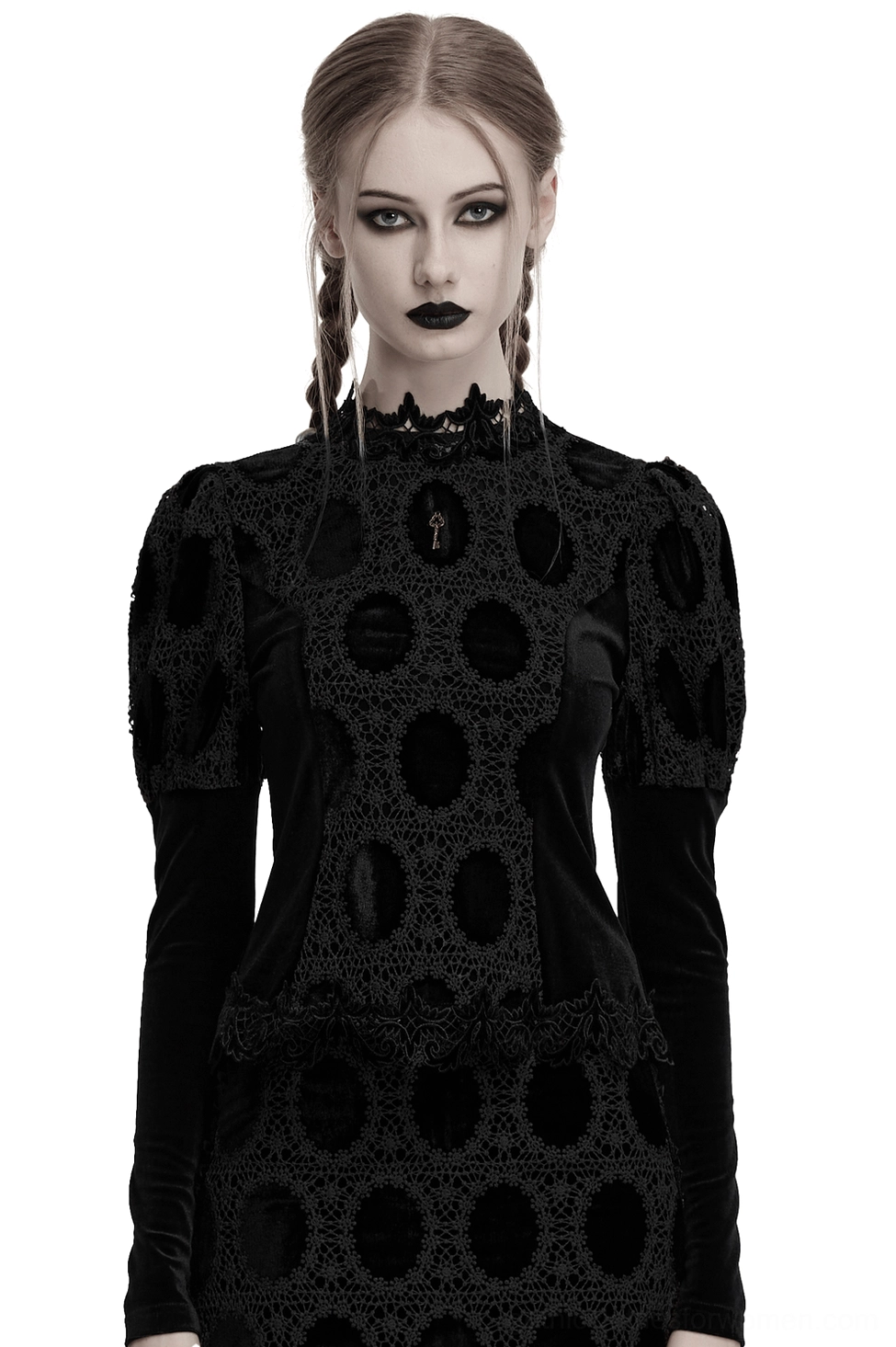 Black velvet puff sleeve gothic top with lace trim and antique gold key pendant, front full-body view on model