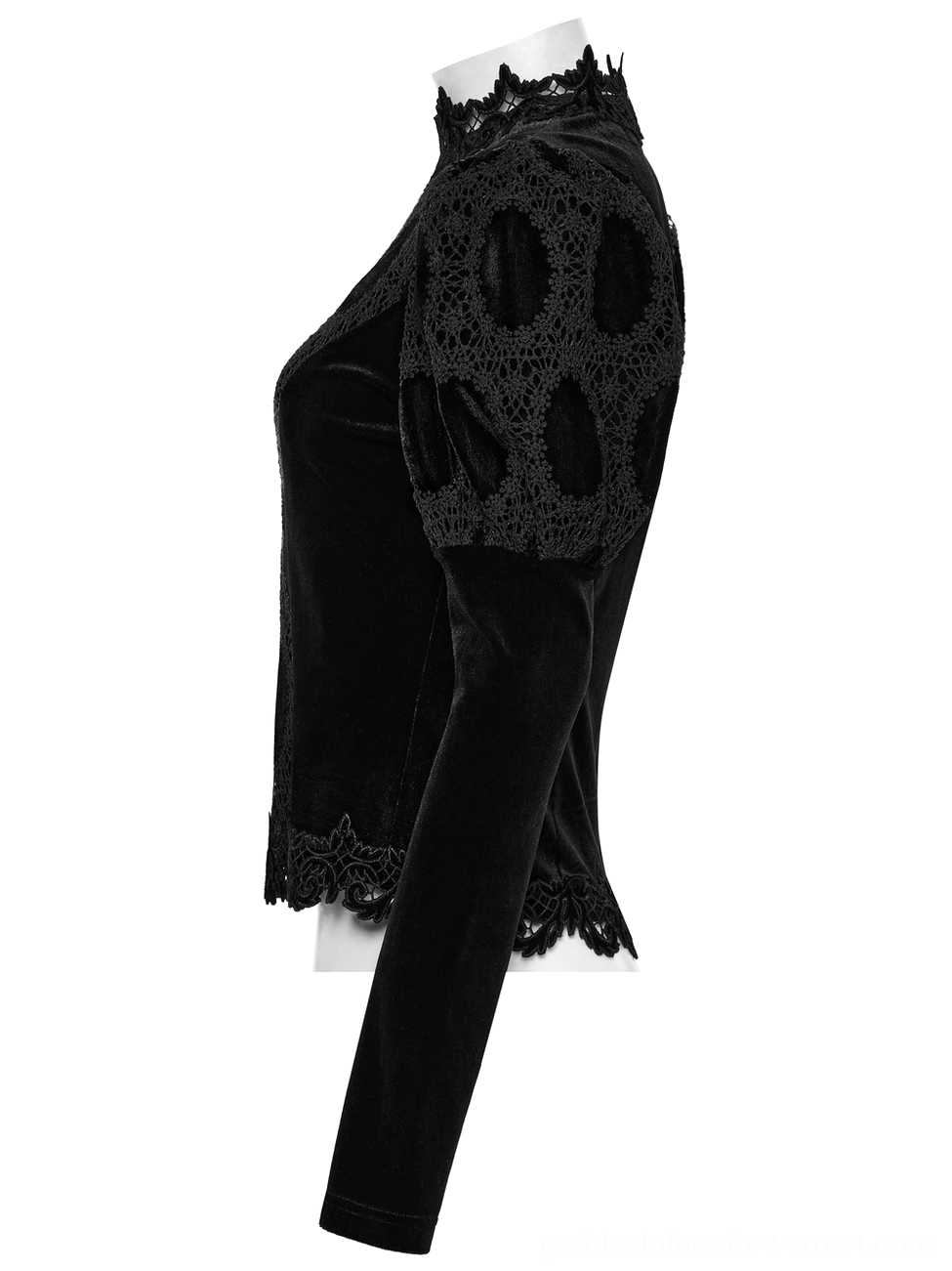 Black gothic puff sleeve velvet top side profile showing high lace collar and fitted waist construction