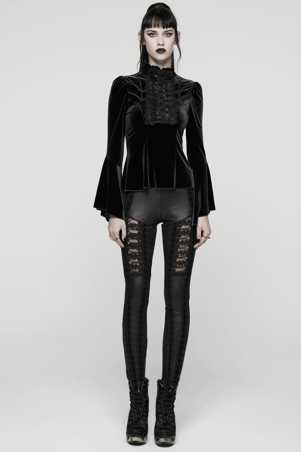 Gothic velvet top showing ruffled collar detail, lace-up back closure, and dramatic bell sleeve construction photographed on model