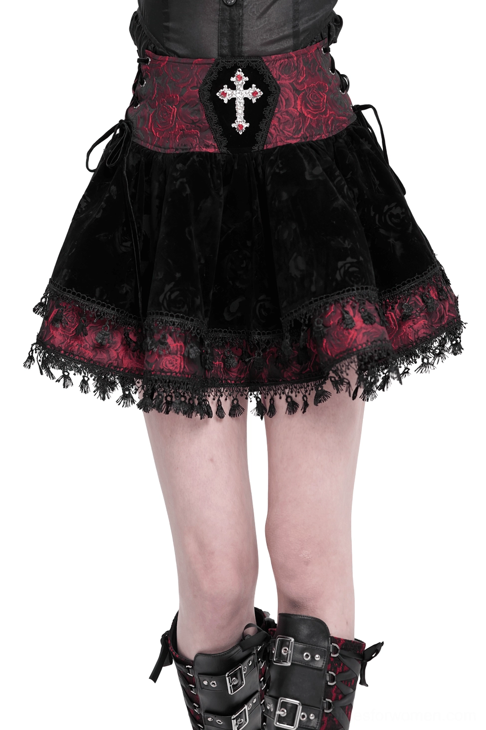 Gothic velvet skirt back full-length view on model showing flare and lace hem details