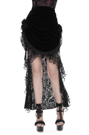 Black velvet gothic skirt with lace ruffles and rose appliqué - front low view showing high-low hemline