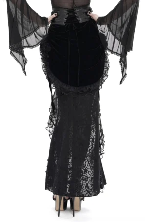 Black velvet gothic skirt with rose lace train and synthetic leather corset waist - back view