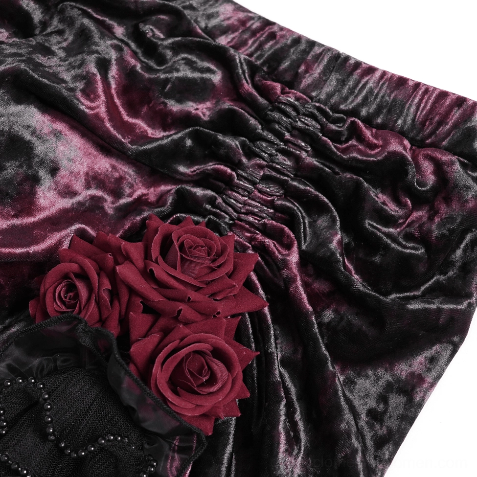 Burgundy gothic velvet skirt construction details showing corset waist structure and lace layering