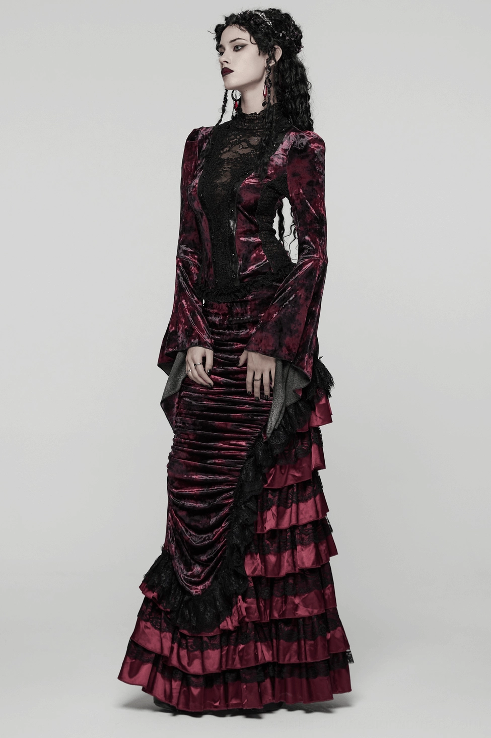 Gothic velvet mermaid skirt worn with corset top demonstrating formal goth ensemble and dark romantic aesthetic