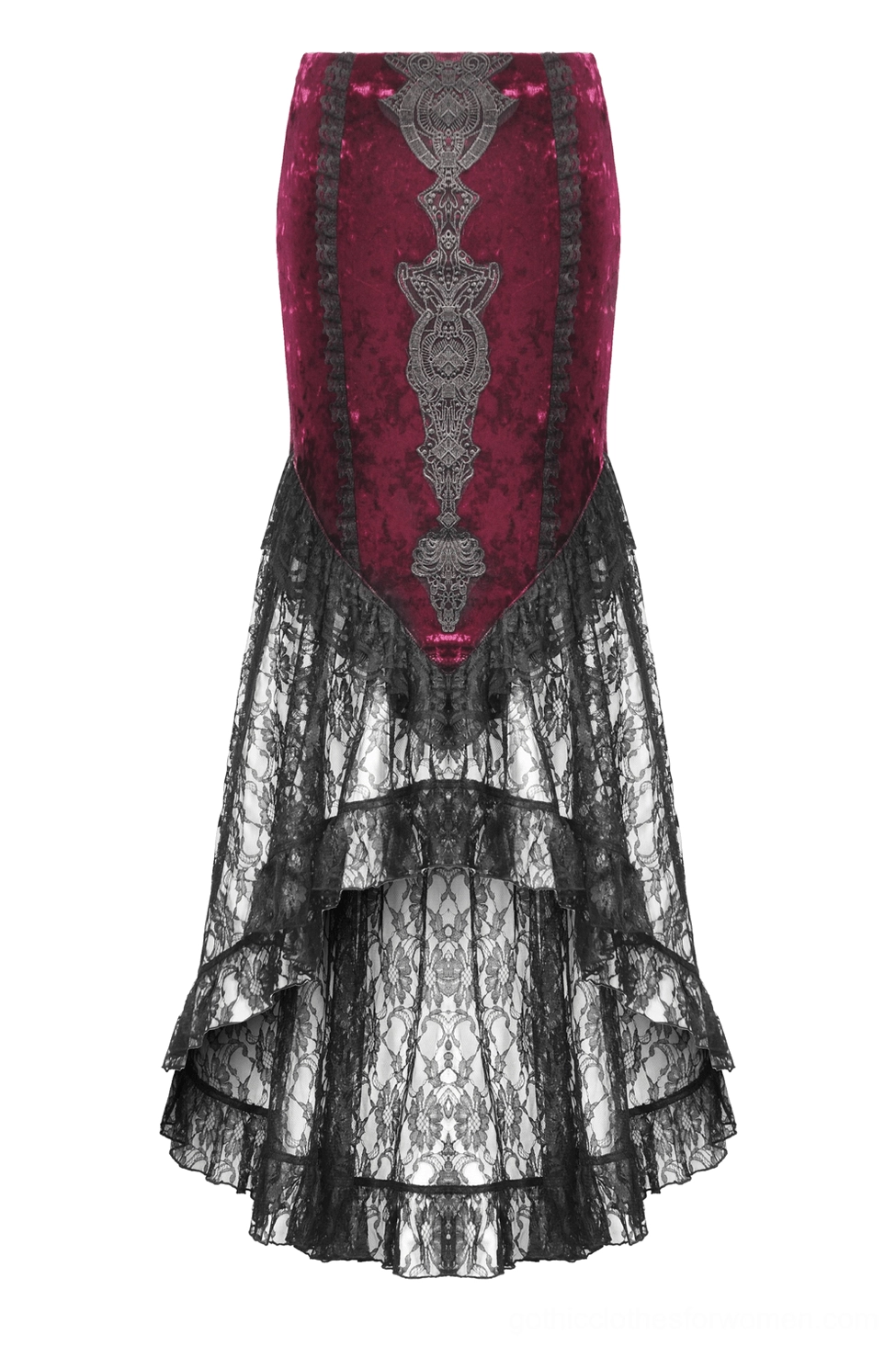Top-down view of burgundy gothic skirt displaying embroidered brocade front panel and asymmetric high-low construction