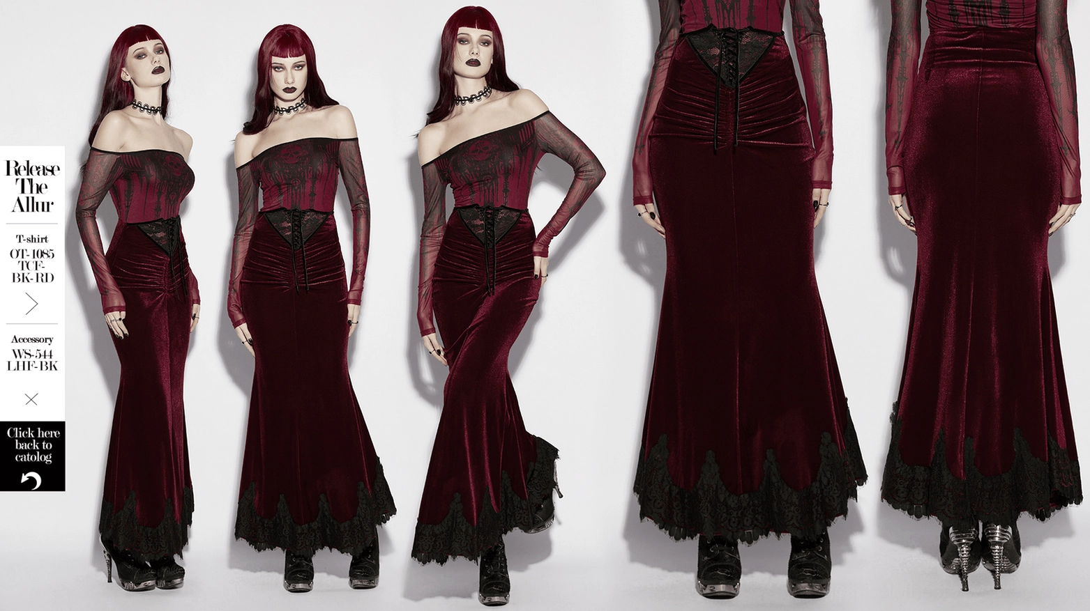 Burgundy velvet gothic mermaid skirt fabric texture and sheen close-up showing premium velvet quality and burgundy color depth