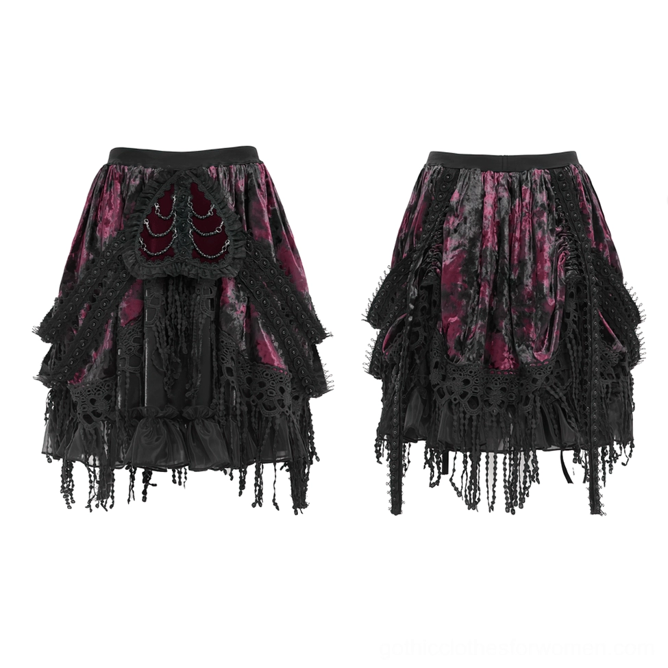 Flat lay product photo of wine red velvet gothic skirt with black lace trim and asymmetric layers