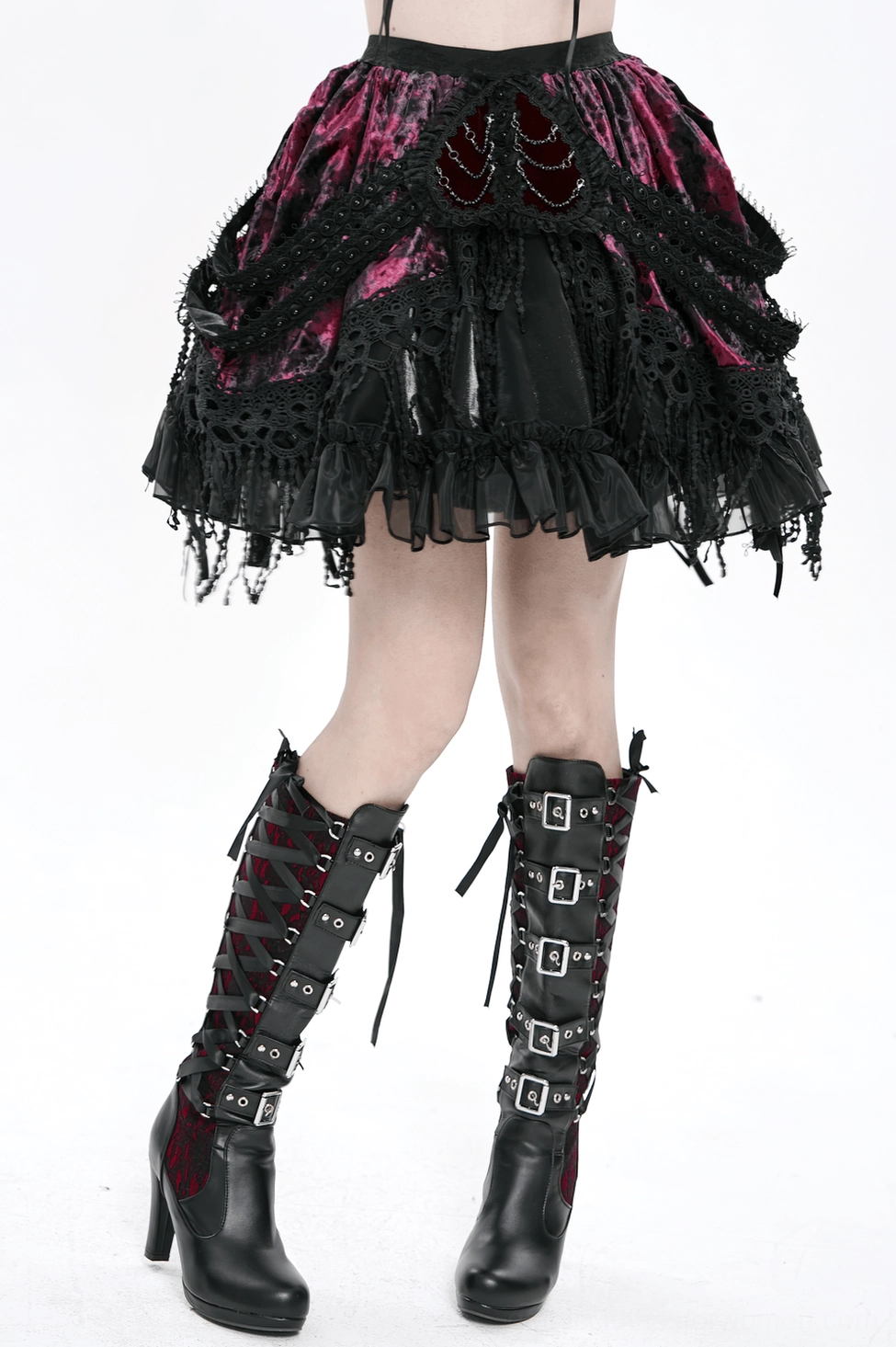 Full-length view of wine red black velvet gothic skirt on model displaying flared silhouette
