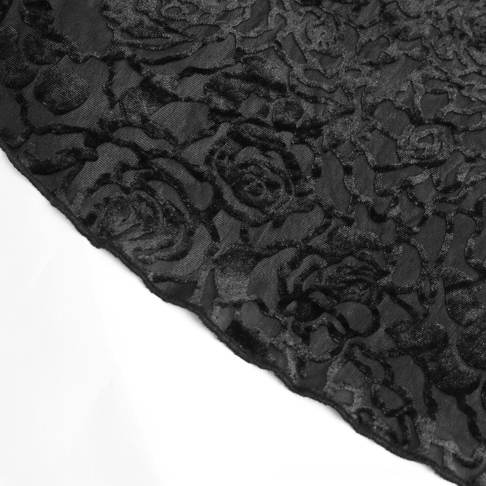 Gothic velvet skirt with burgundy rose accents and layered lace ruffle hem architectural construction