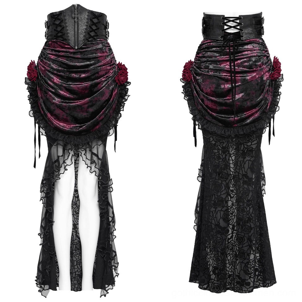 Gothic corset waist velvet mermaid skirt with ruffled lace hem and rose trim details, mannequin front view