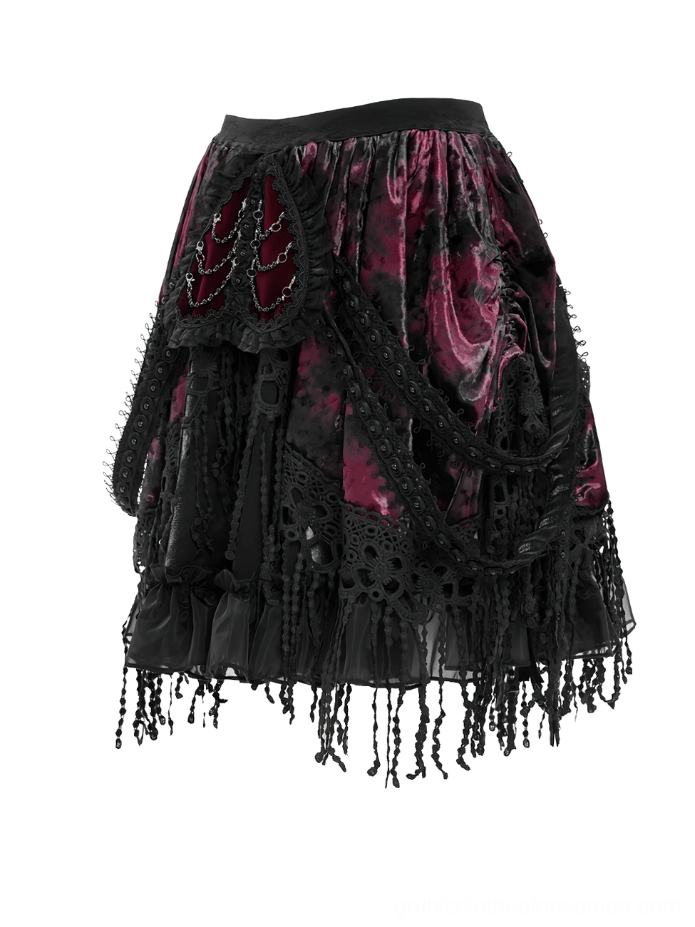 Side profile flat lay of wine red gothic skirt showing asymmetric layered design and black lace trim