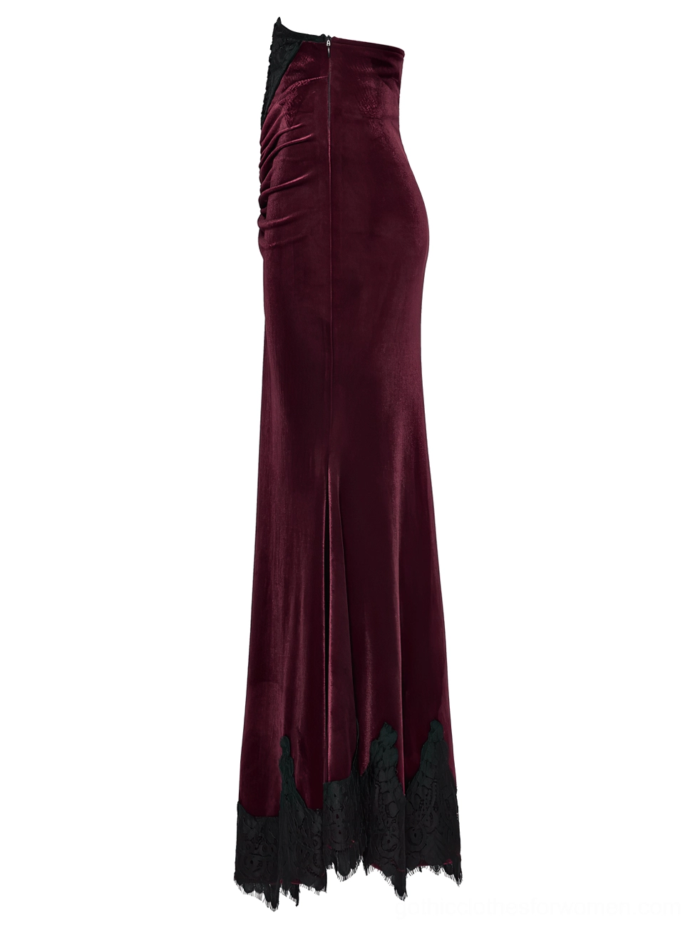 High-waisted burgundy velvet gothic mermaid skirt side flat lay showcasing smooth fabric texture and black lace hem trim detail