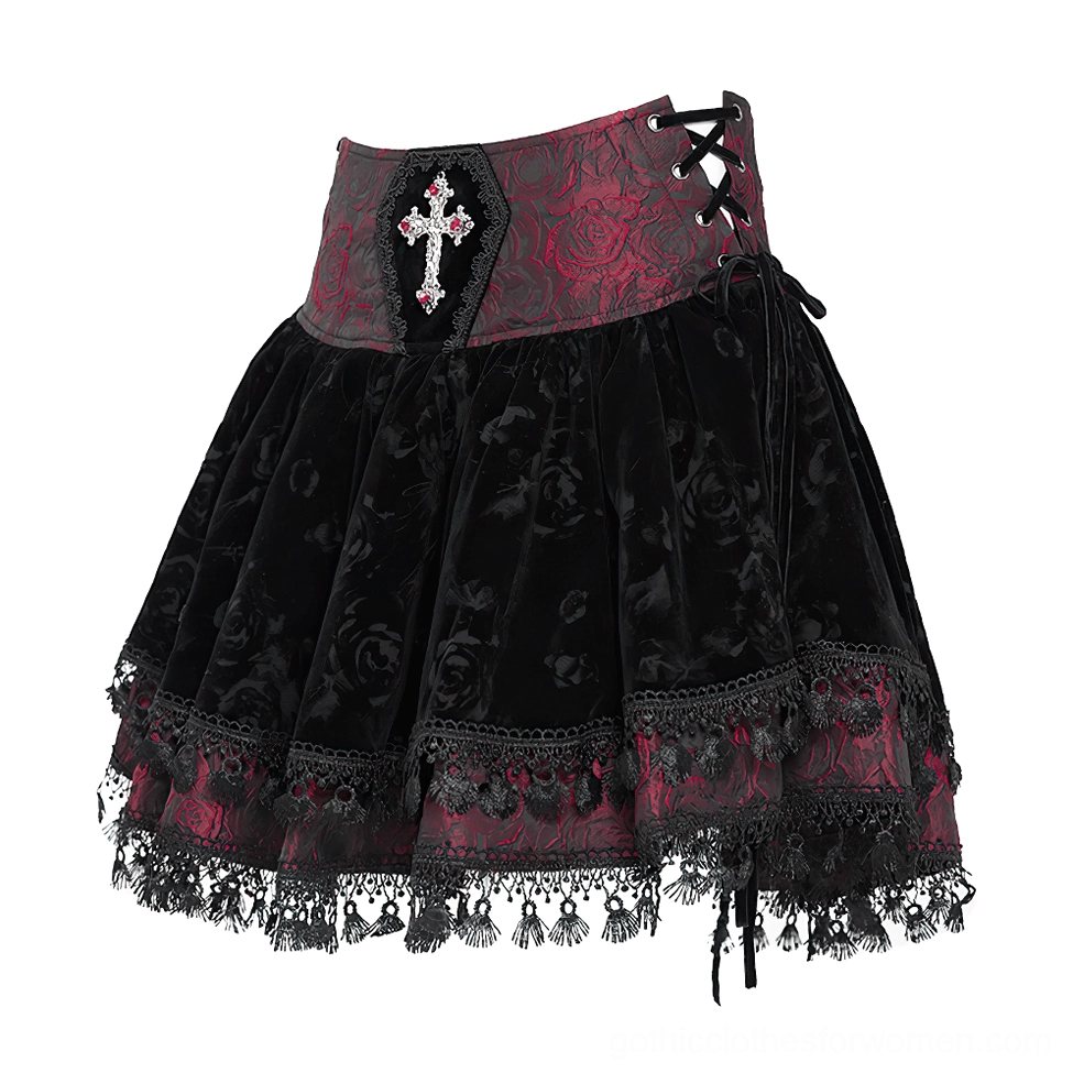 Gothic velvet skirt three-quarter flat lay view showing burnout rose velvet fabric and cross waist decoration