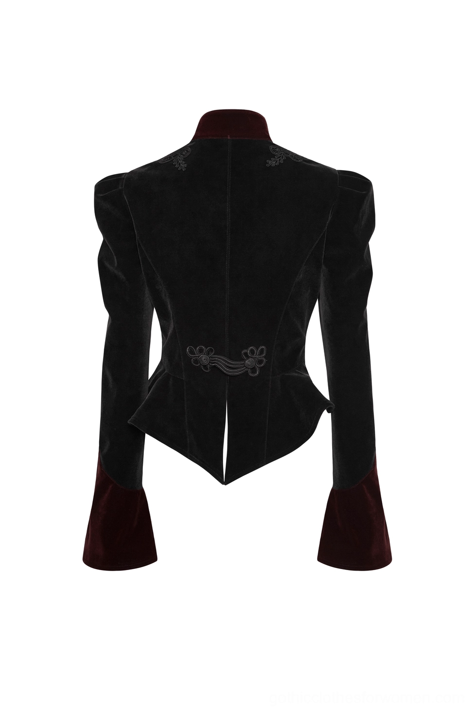 Back flat lay of gothic velvet jacket displaying decorative back pattern and split scissor-tail hem