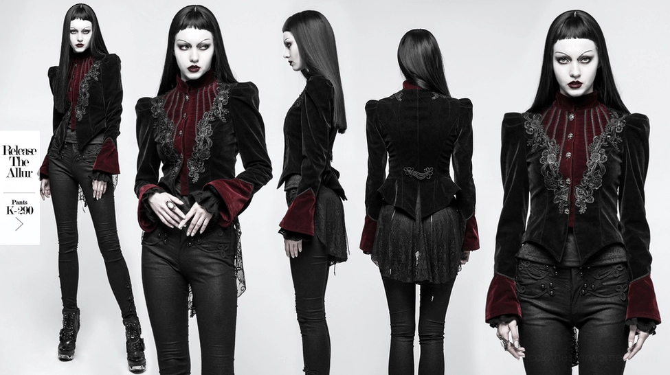 Decorative back panel and scissor-tail hem detail of gothic velvet tailcoat jacket with wine-red cuff accents