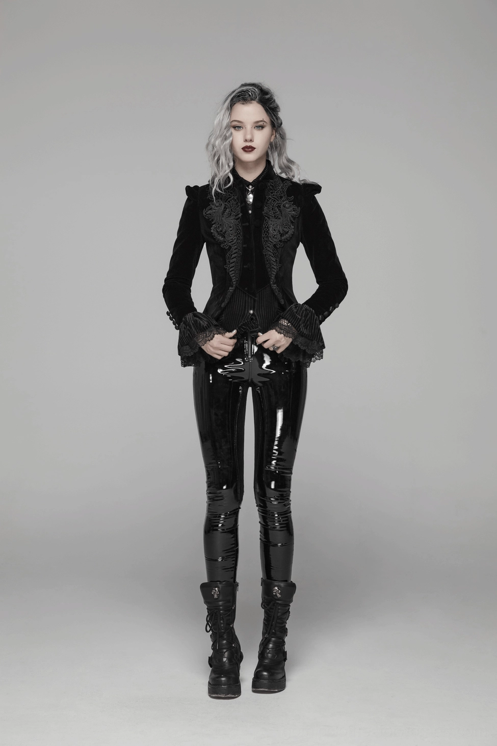 Black Gothic velvet tailcoat showcasing premium weft velvet construction, ornamental cuff details, and fitted silhouette for elegant alternative fashion styling