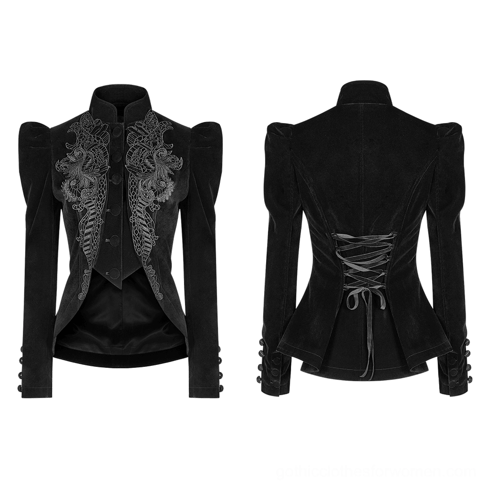 Black velvet Gothic tailcoat flat lay front and back display showing full jacket silhouette with chest embroidery and lace-up design