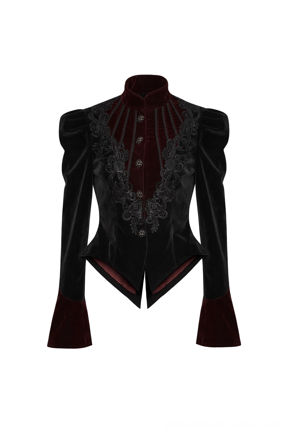 Front flat lay view of gothic velvet embroidered jacket featuring pointed hem, wine-red trumpet cuffs, and lace details