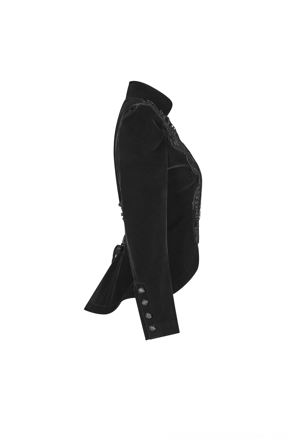 Side view flat lay of fitted Gothic velvet tailcoat showing silhouette, buttoned cuffs, and premium velvet fabric texture