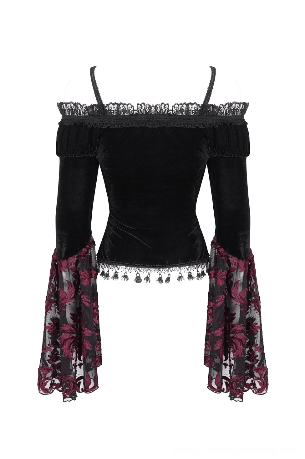 Back flat lay view of black velvet gothic top with spaghetti straps and lace off-shoulder neckline