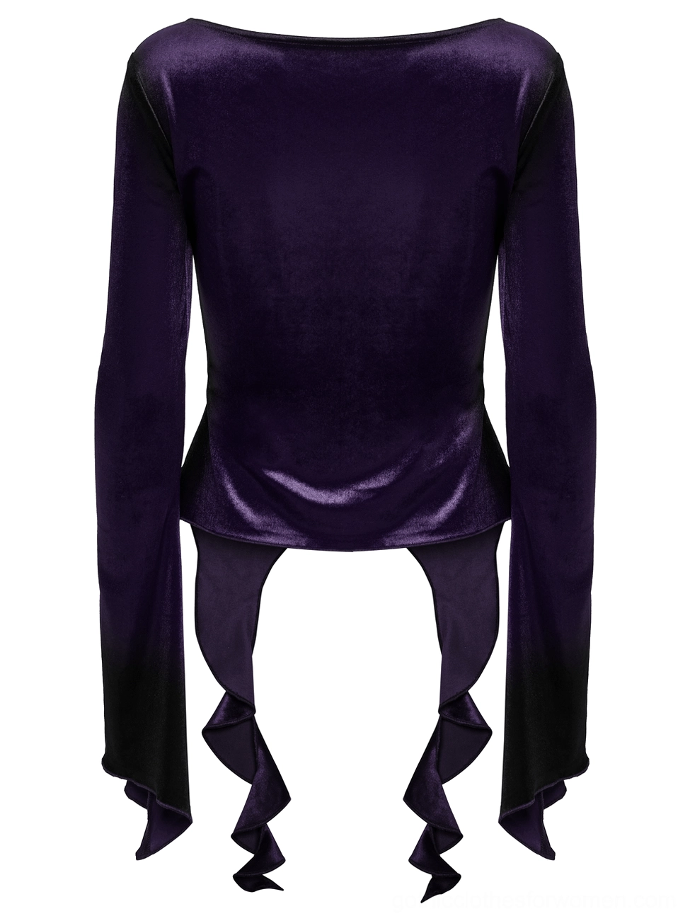Dark purple velvet long sleeve gothic top rear flat lay showcasing fitted sleeves and dramatic hem