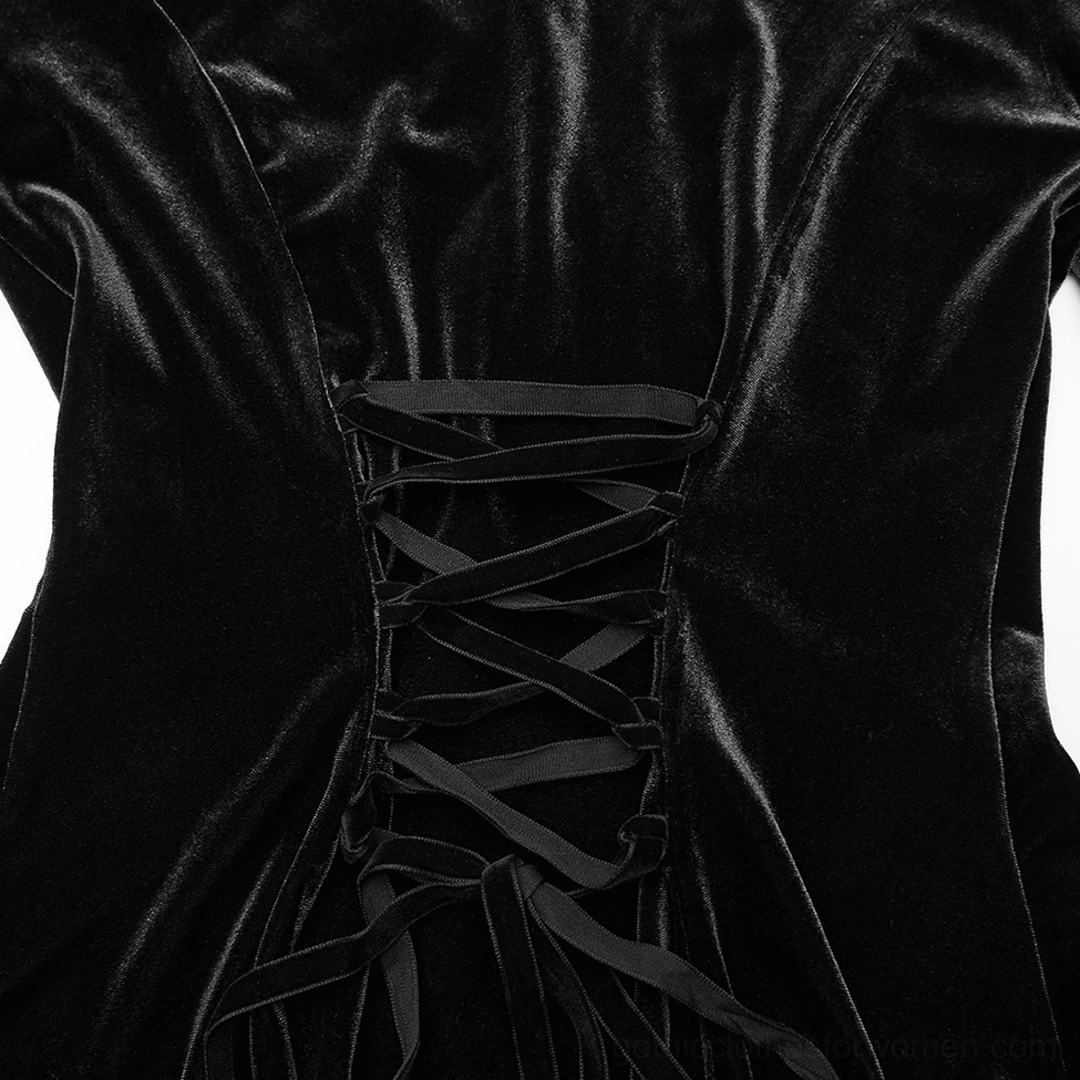 Back close-up detail of gothic velvet top showing ribbon corset lace-up system and precision tailored seam construction