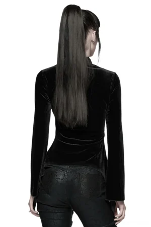 Back view of black velvet gothic long sleeve top showing fitted silhouette, split long cuffs, keyhole back cutout, and asymmetrical irregular hem detail
