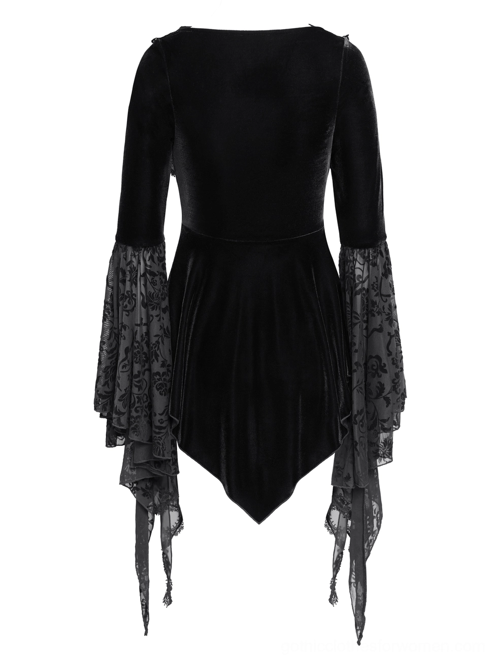 Black velvet gothic corset top back view showing solid velvet construction and pointed hem