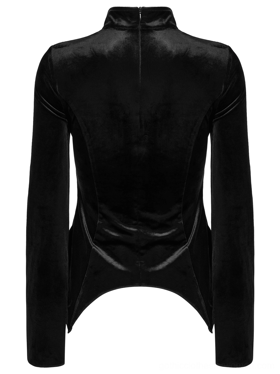 Black gothic velvet top back view flat lay showing hidden zipper closure and tailored fit