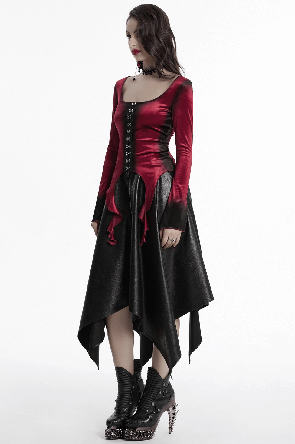 Burgundy velvet goth top alternative angle showing metal buckle details and sleeve construction with spiral elements