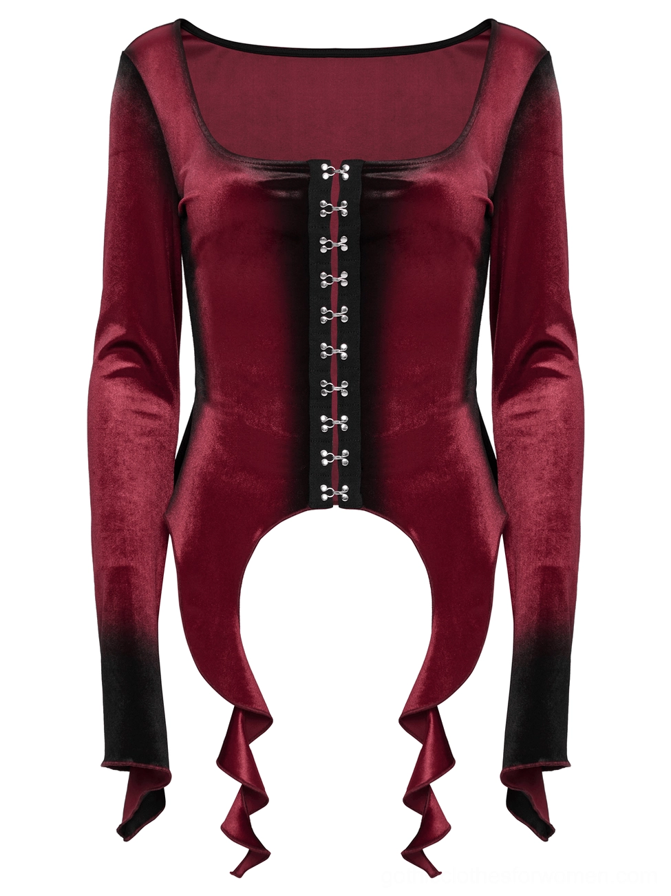 Close-up front view of burgundy velvet gothic long sleeve top highlighting square neckline and metal buckle fastening system