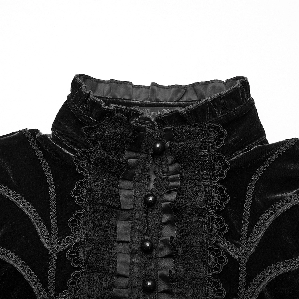Close-up detail of gothic velvet top collar showing ruffled neckline with decorative lace trim and pearl-style button embellishments