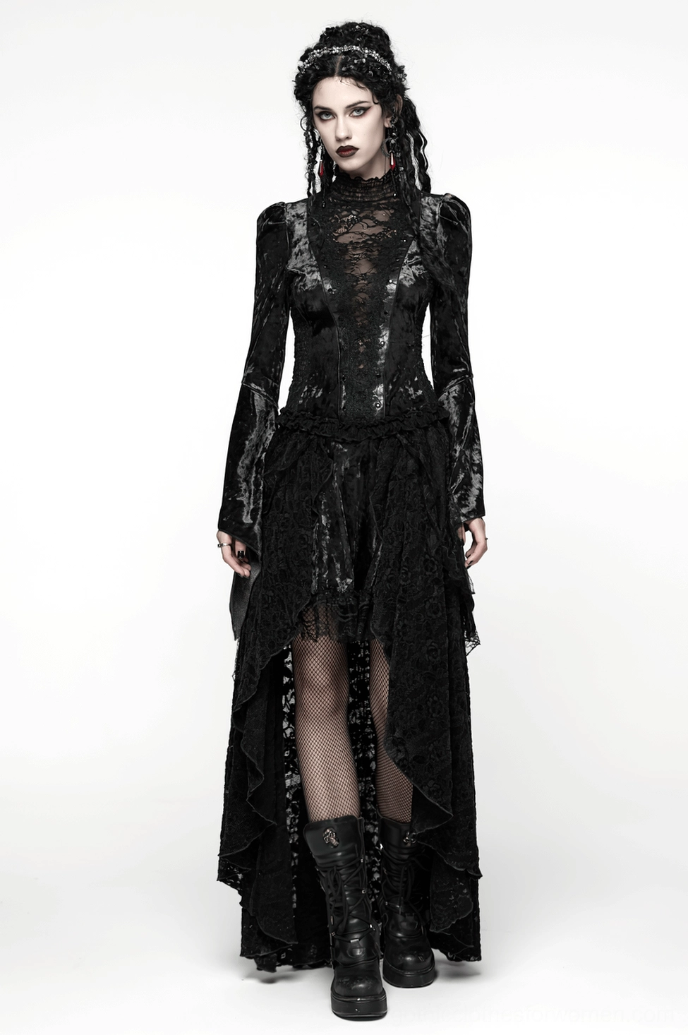 Garment lay flat view emphasizing the dramatic silhouette of black gothic velvet lace top with emphasized sleeve width and hem