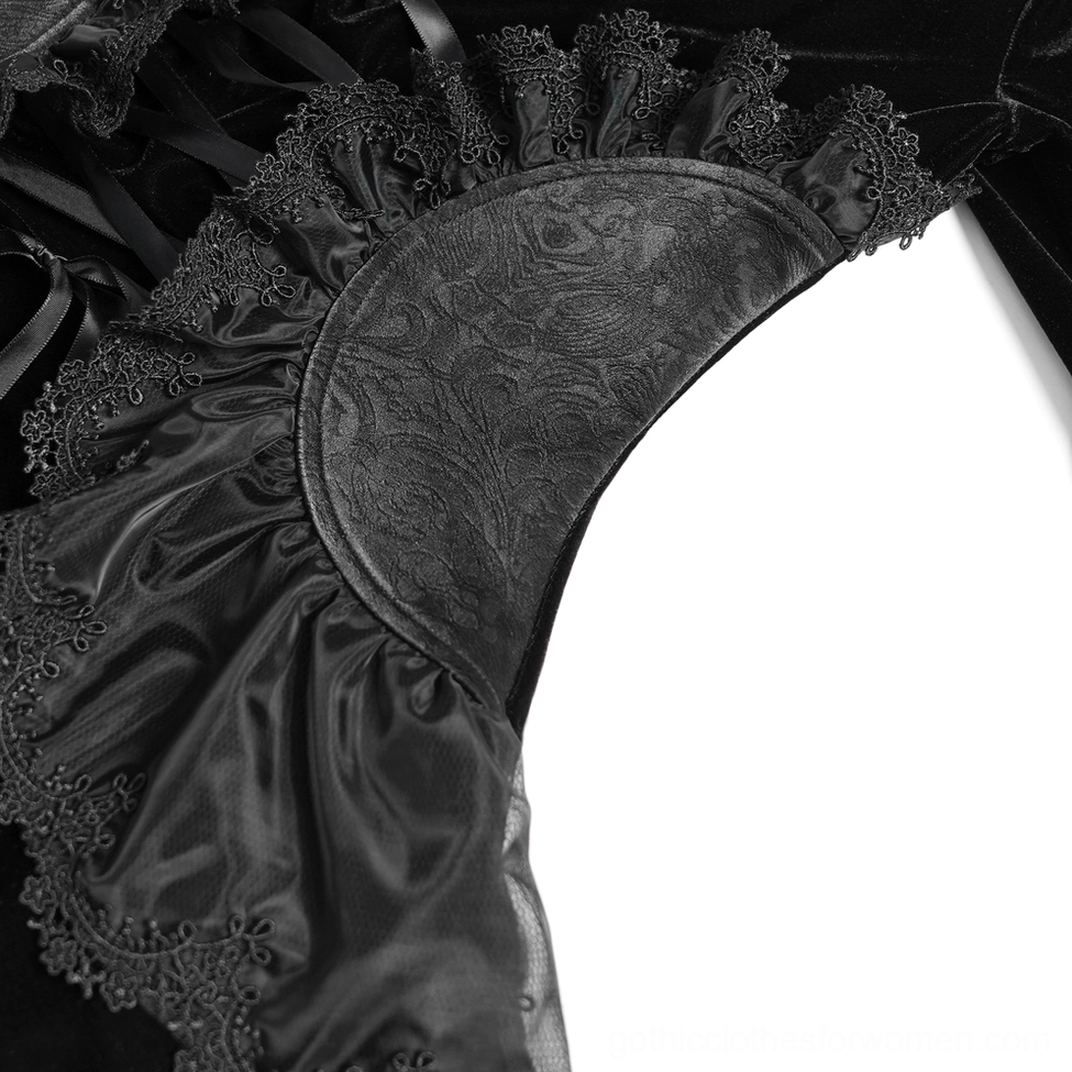 Black velvet gothic corset top fabric texture and velvet bodice construction detail