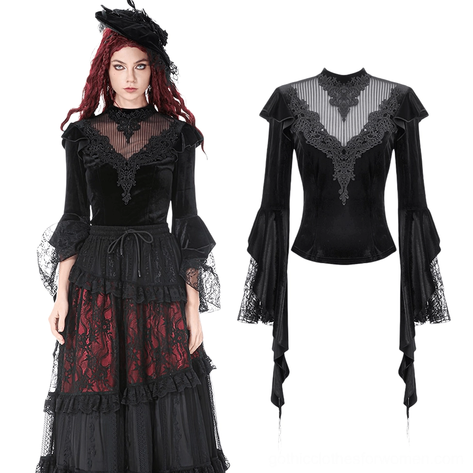 Gothic velvet bell sleeve top flat lay and half-body model shot displaying lace-trimmed long sleeves and neckline details