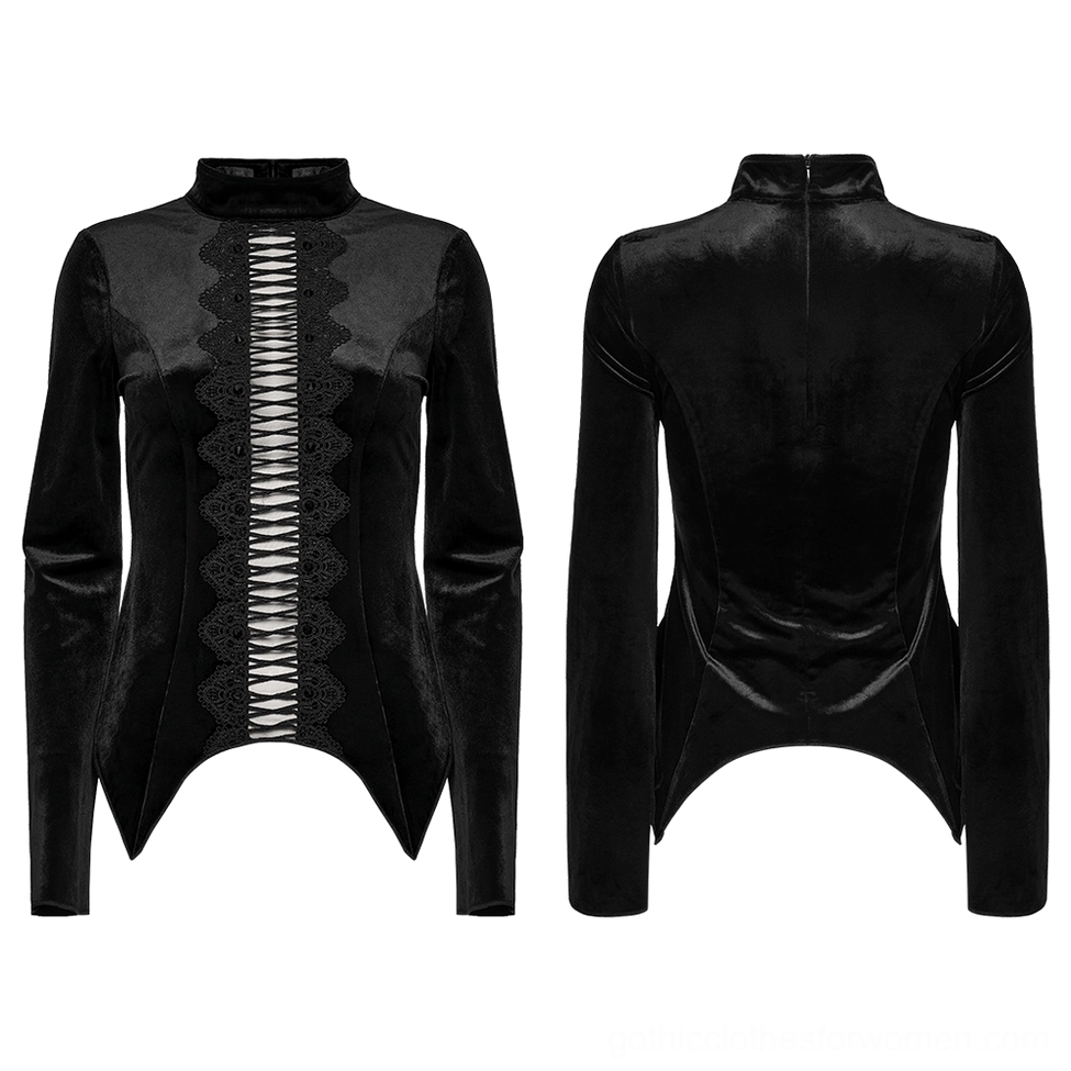 Black gothic velvet top flat lay display showing front lace panel, back zipper, and overall silhouette