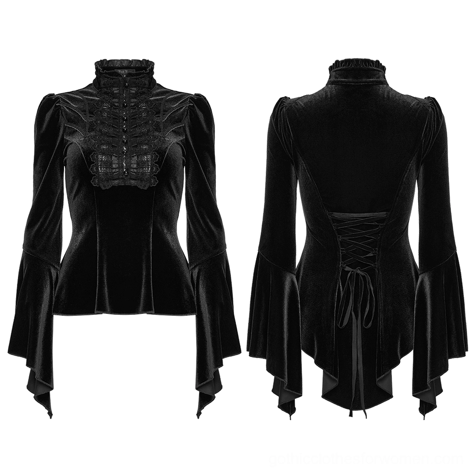 Gothic women's velvet top dual front and back product display showing ruffled high collar, lace-up corset back, and bell sleeves