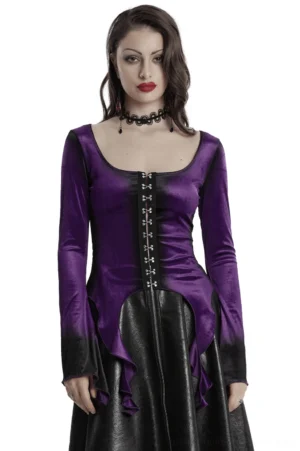 Purple velvet gothic long sleeve top front view with square neckline and metal buckle closures - dark purple to black gradient design