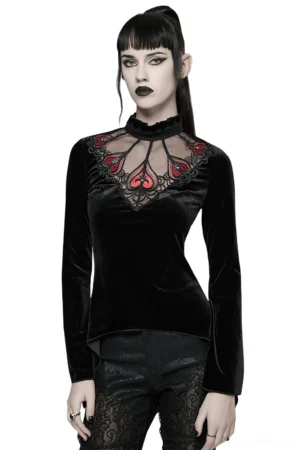 Black velvet gothic long sleeve top front view on model wearing XS-S size, featuring ruffled high collar and red heart mesh chest panel with demon claw embellishments