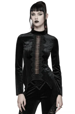 Black velvet gothic top with lace cutout front and stand collar, front view on model against white background