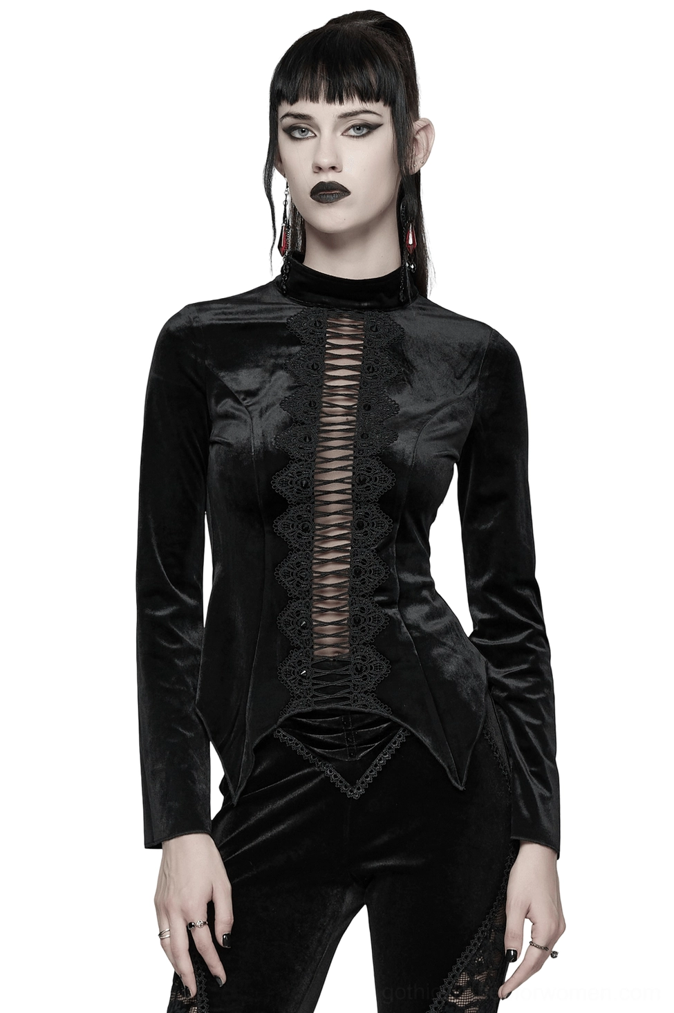 Black velvet gothic top with lace cutout front and stand collar, front view on model against white background