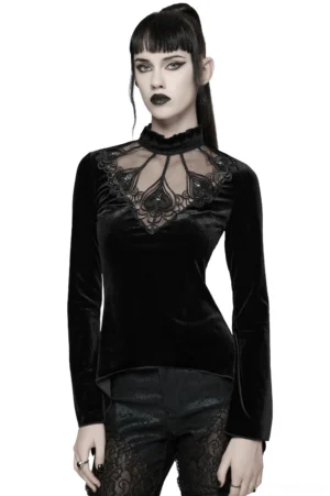 Black velvet gothic long sleeve top with ruffled stand collar and sheer heart-shaped lace cutout worn by female model, front view