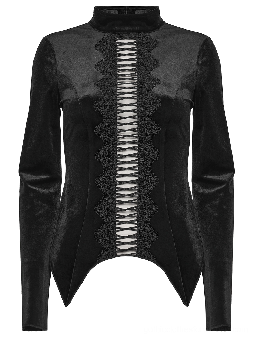 Black gothic velvet top with embroidered lace front panel and irregular hemline, flat lay front perspective