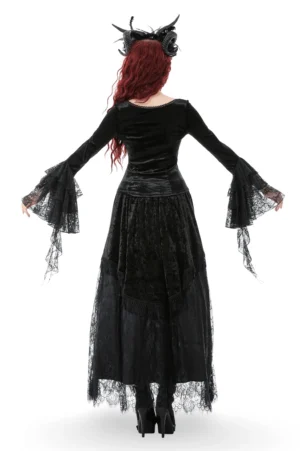 Black gothic velvet top paired with high-low lace skirt back full view showing fitted silhouette and dramatic bell sleeves