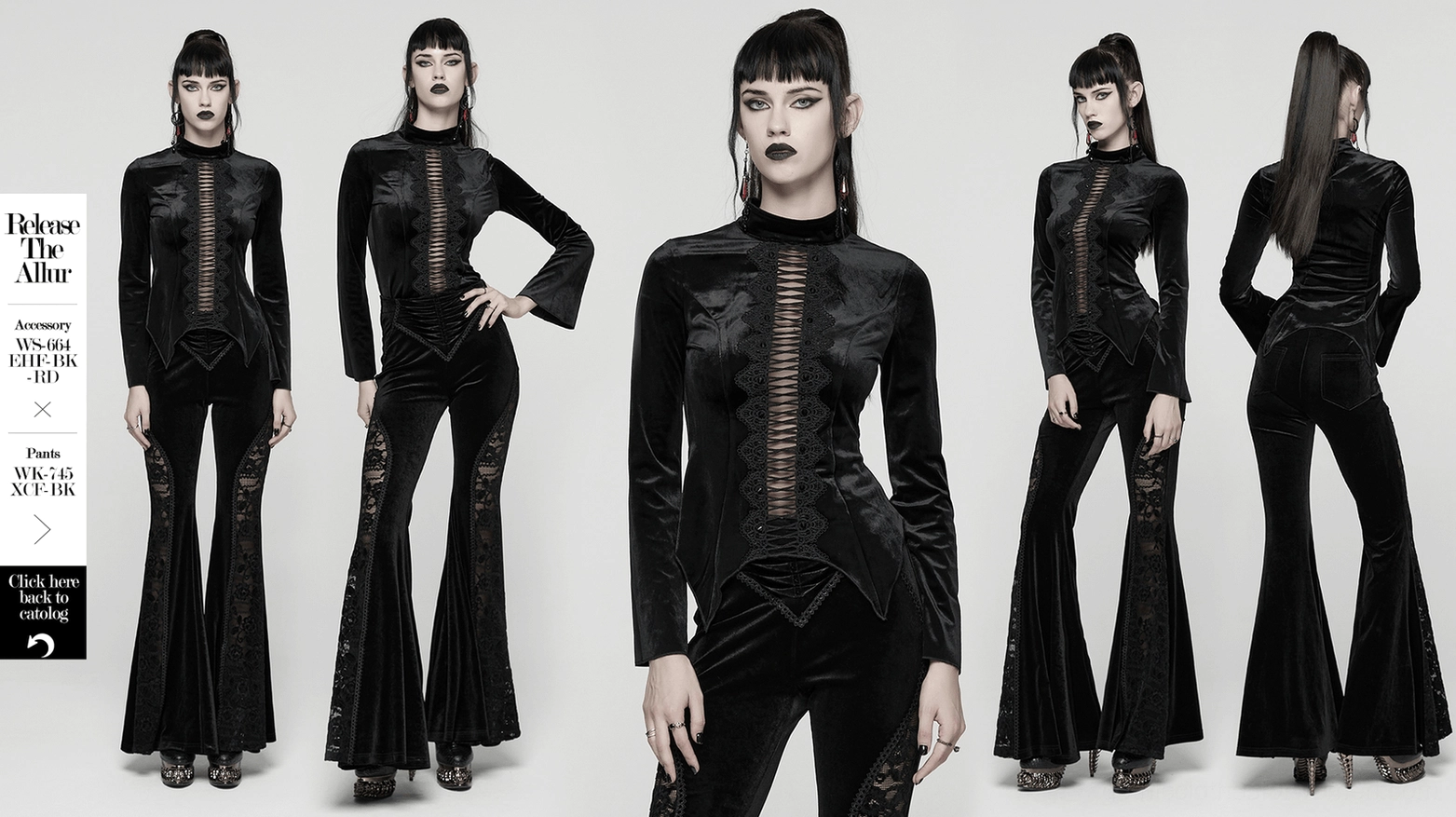 Black velvet gothic top lace and stud embellishment detail against dark background