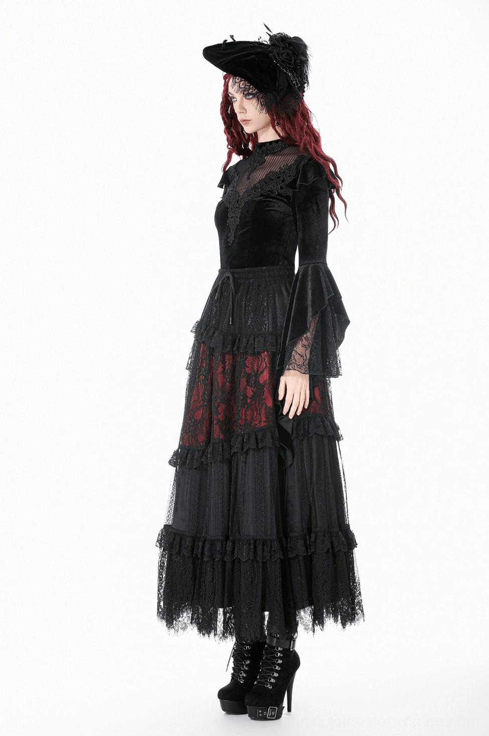 Gothic black velvet bell sleeve top showing ornate lace appliqué, illusion yoke, and dramatic sleeve construction