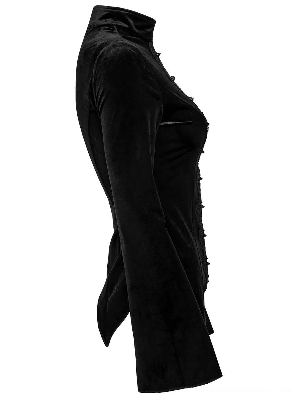 Black gothic velvet long sleeve top side view showing slim fit and sleeve length on flat lay
