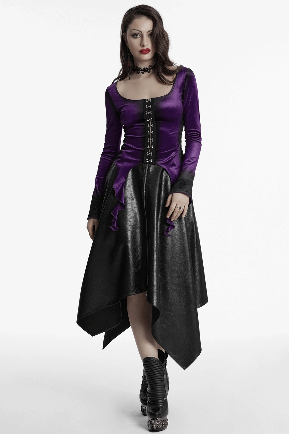 Gothic velvet top size comparison showing XS-S M-L XL-XXL measurements on display