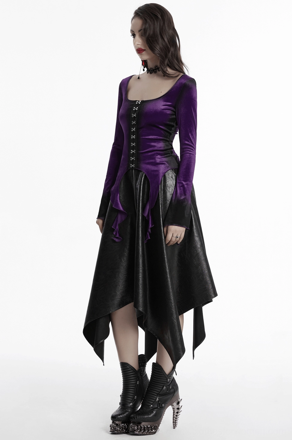 Purple gradient velvet gothic top styling example with alternative fashion ensemble