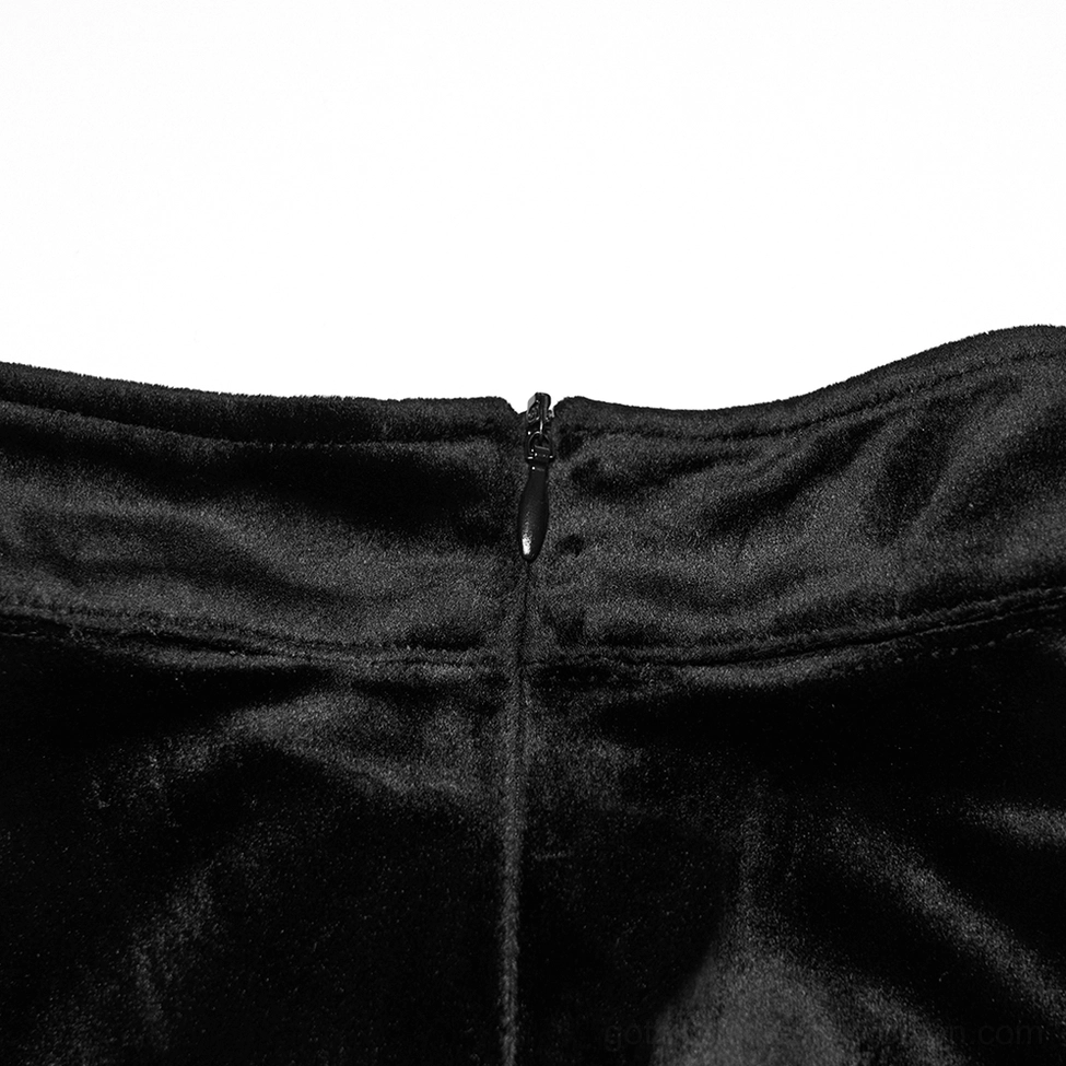 Close-up of black velvet fabric and hidden back zipper detail on gothic top